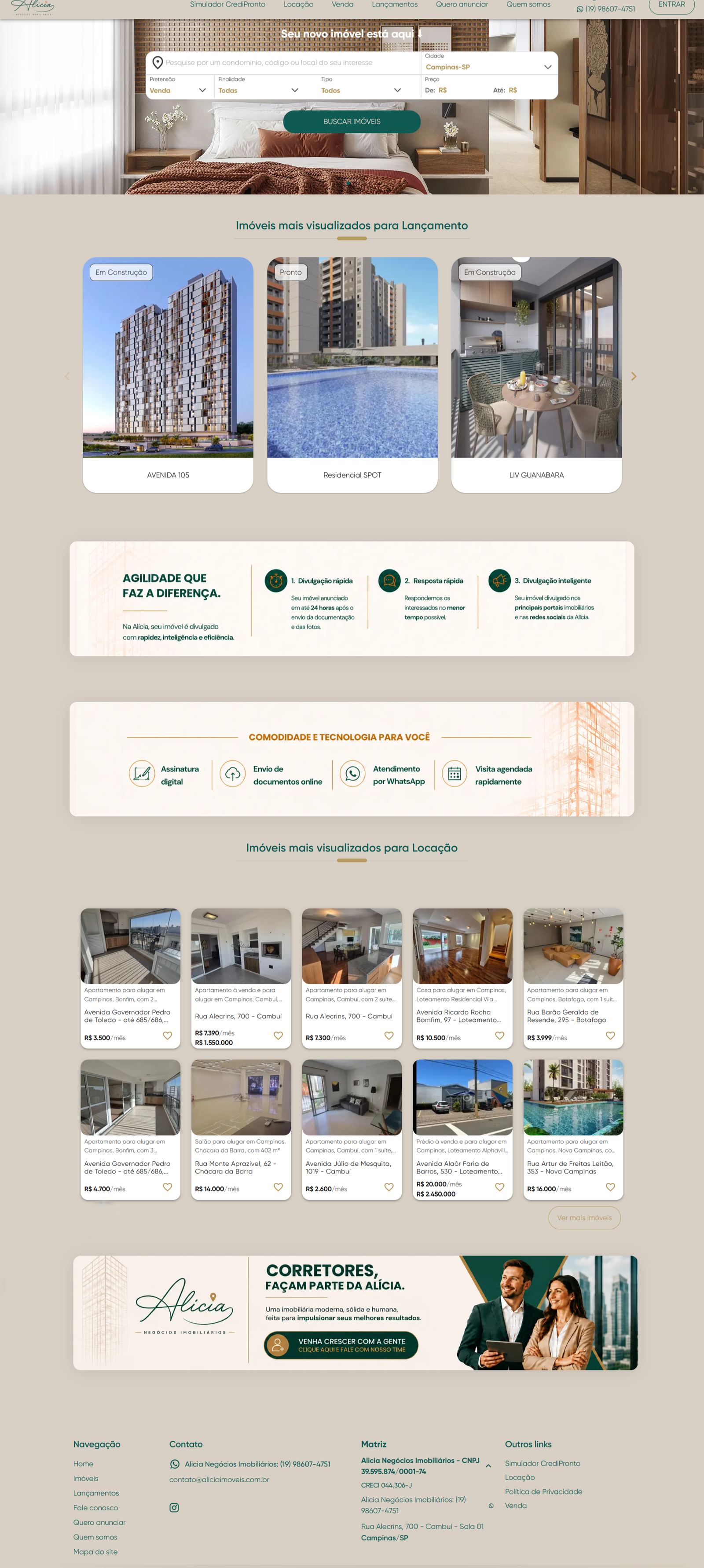 Página completa do site oficial da Alicia Negócios Imobiliários